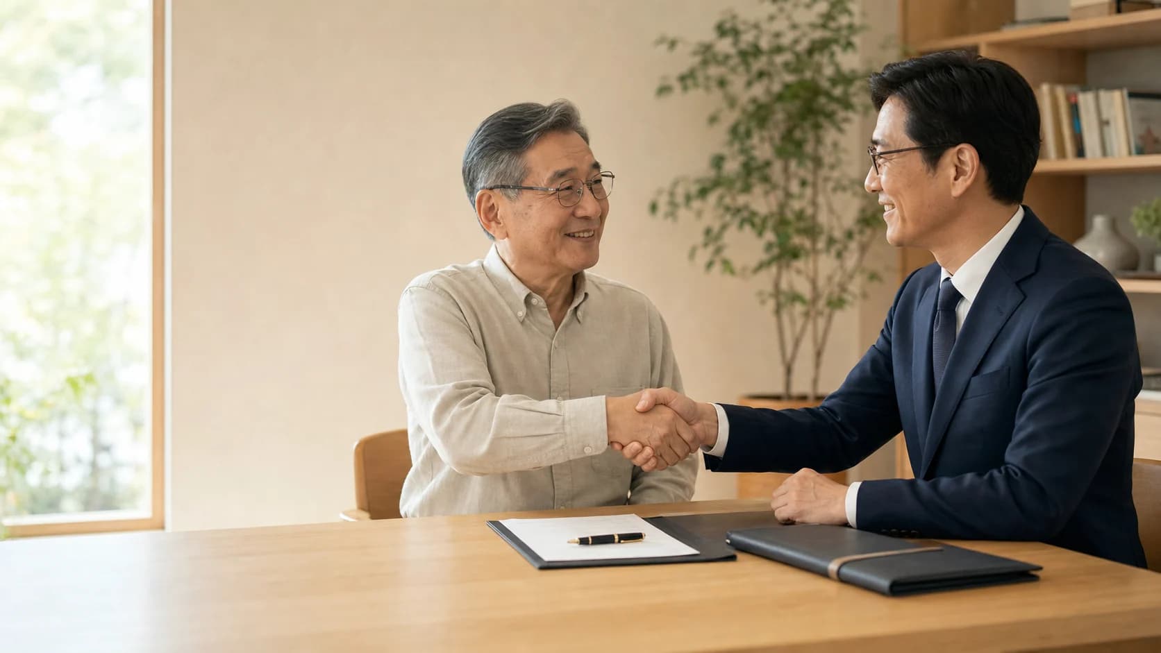 一位年長者完成文件簽署後,安心地與專業人士握手